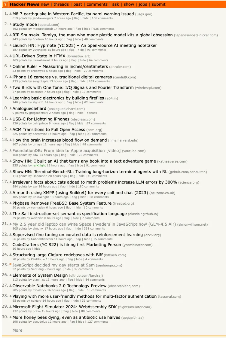 Screenshot of the first page of Hacker News, with the previous post down in no. 25