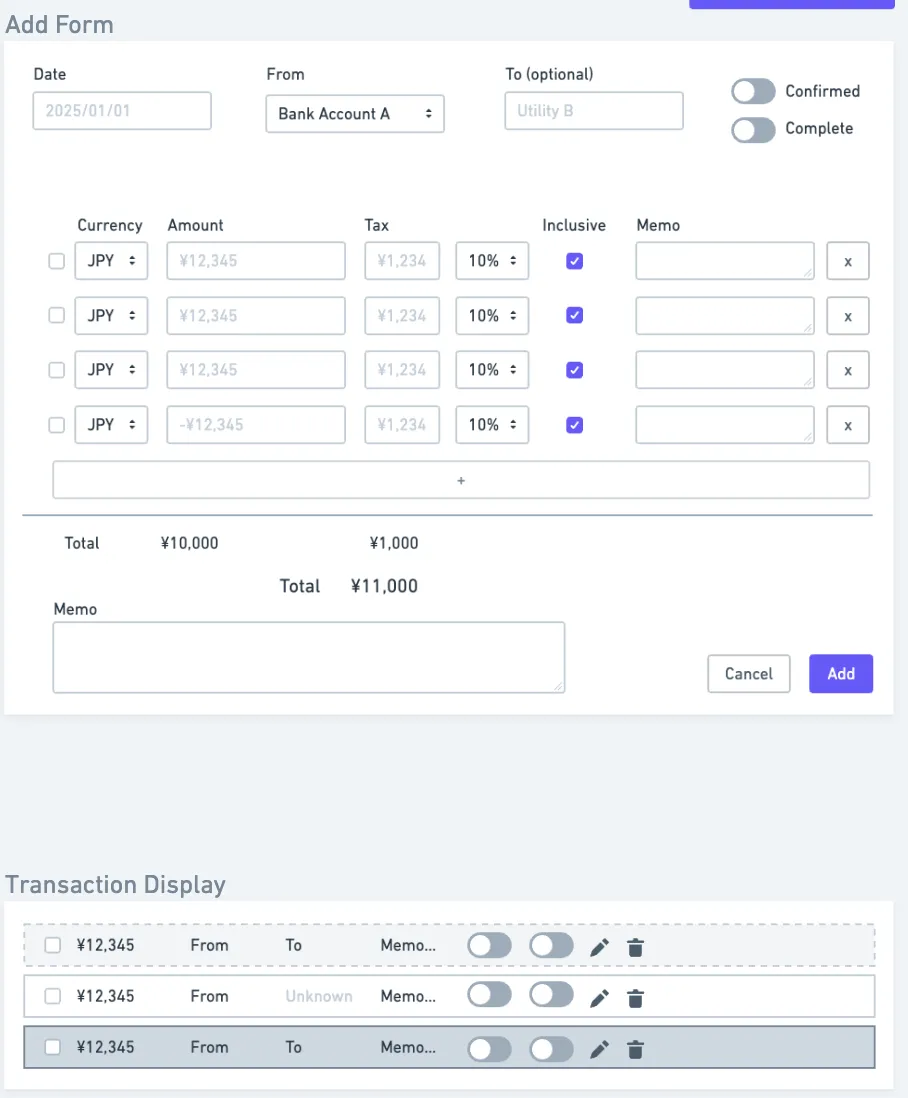 mockup of the Transactions form in Whimsical