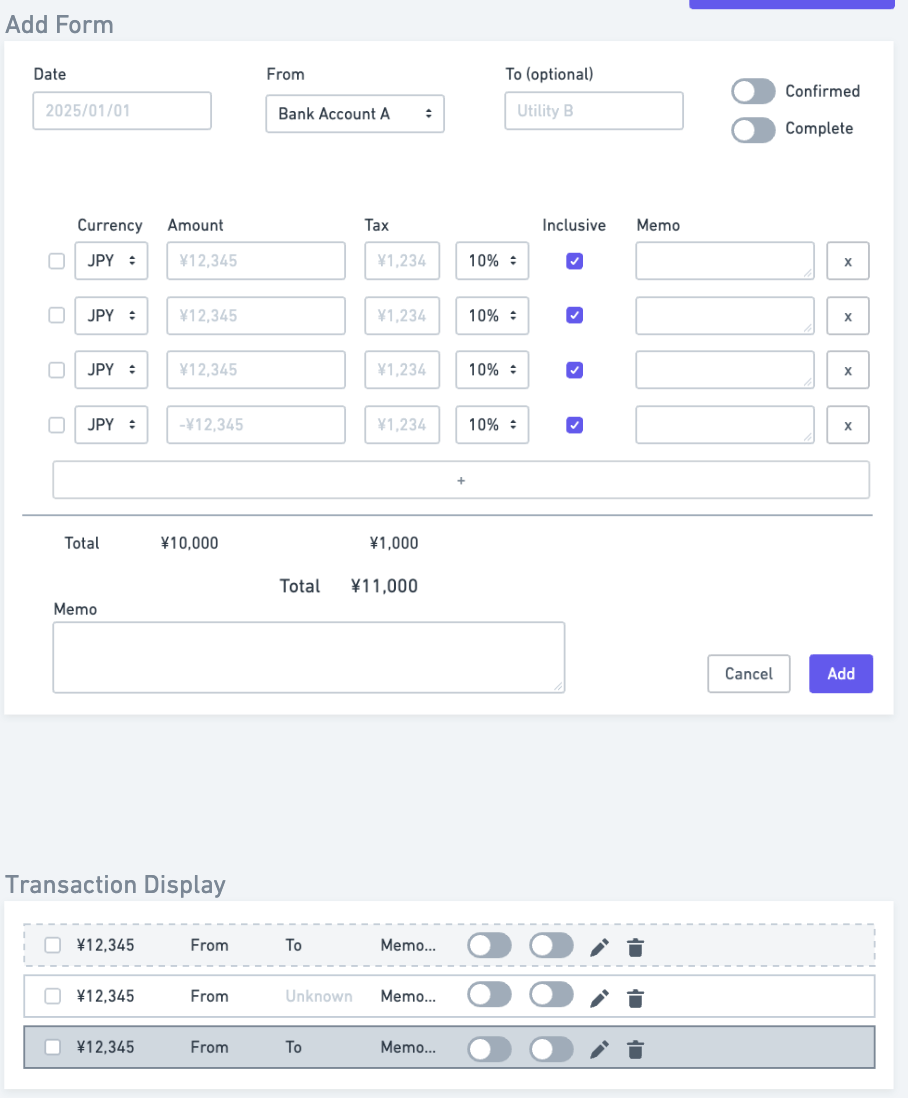 mockup of the Transactions form in Whimsical